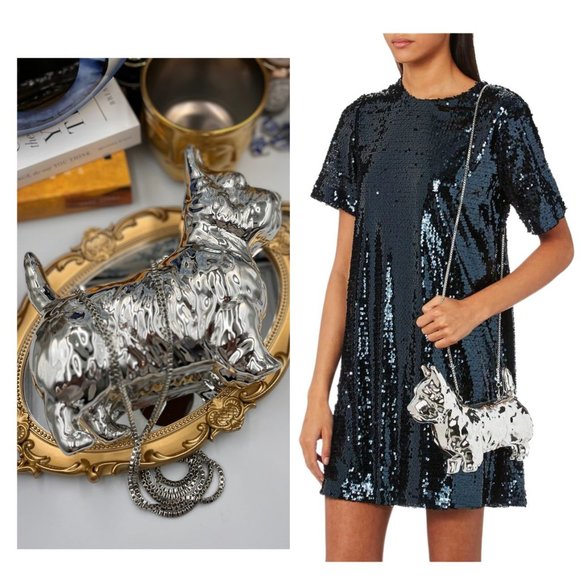 Lulu Guinness Handbags - 🆕 LULU GUINNESS 🧿 NWOT Daphne Dog Clutch - Mirrored Silver - Scottish Terrier